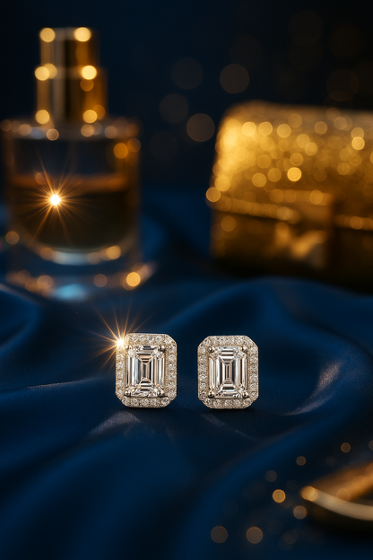 Moissanite Emerald Stud Earrings – Halo – 18K White Gold Plated