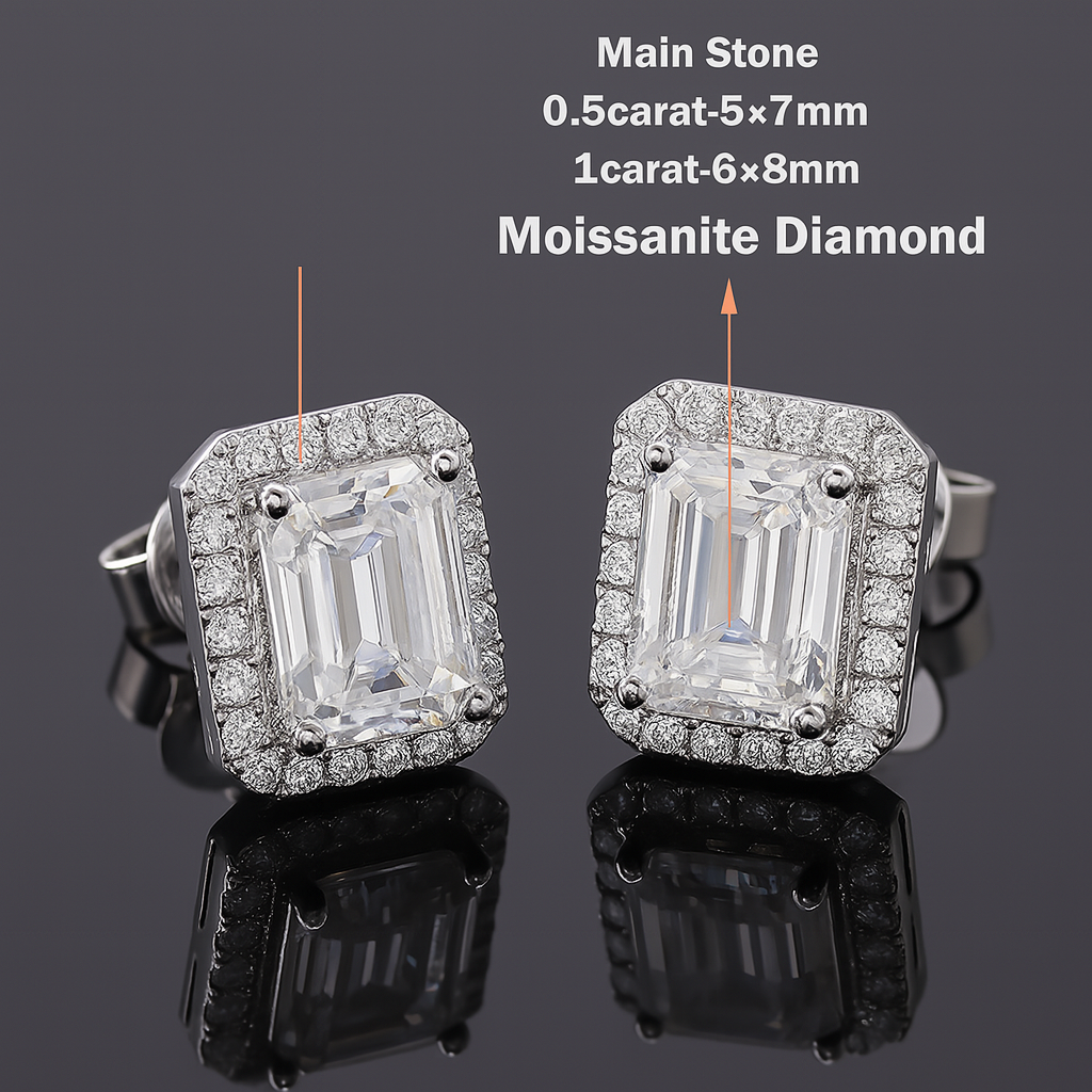 Moissanite Emerald Stud Earrings – Halo – 18K White Gold Plated