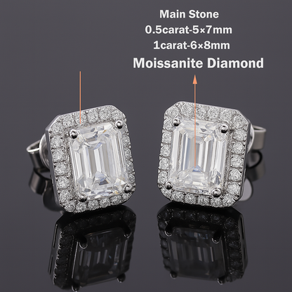 Moissanite Emerald Stud Earrings – Halo – 18K White Gold Plated
