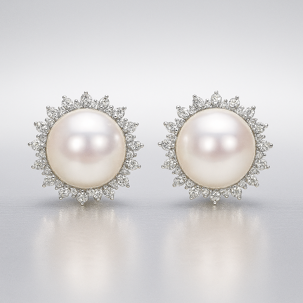 Sun Pearl Earrings – Natural 8–9mm – White Gold – Micro Inlaid