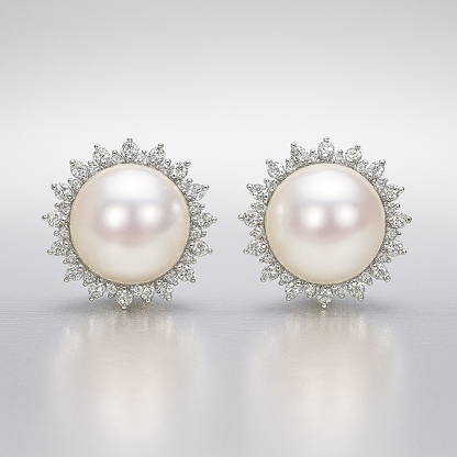 Sun Pearl Earrings – Natural 8–9mm – White Gold – Micro Inlaid