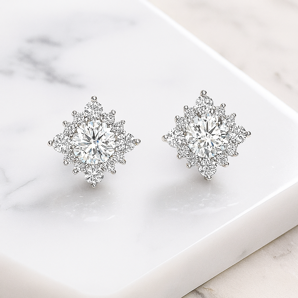 Snowflake Moissanite Studs – 18K White Gold – Pass Diamond Test