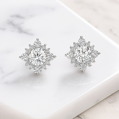 Snowflake Moissanite Studs – 18K White Gold – Pass Diamond Test