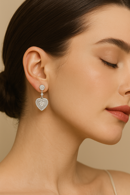 925 Silver Heart Zircon Drop Earrings – Elegant Sparkle for Women