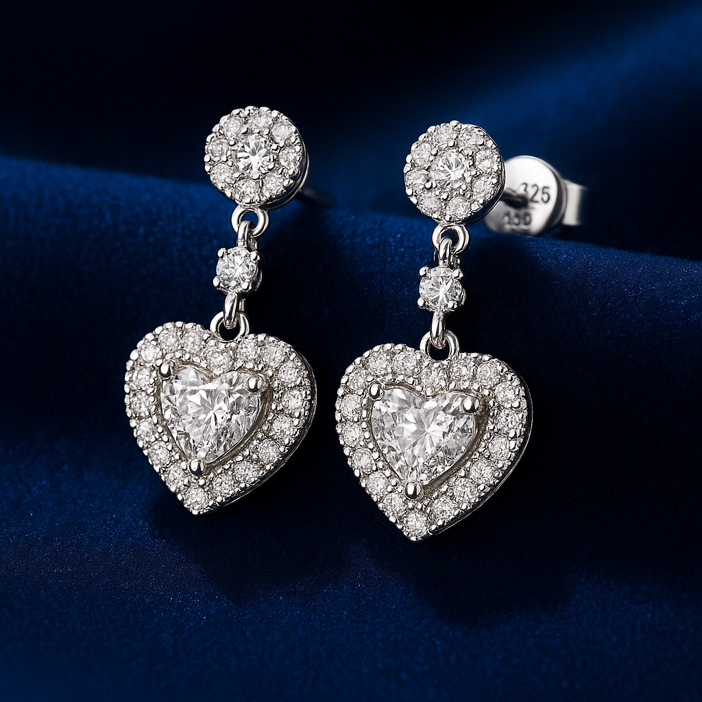 925 Silver Heart Zircon Drop Earrings – Elegant Sparkle for Women