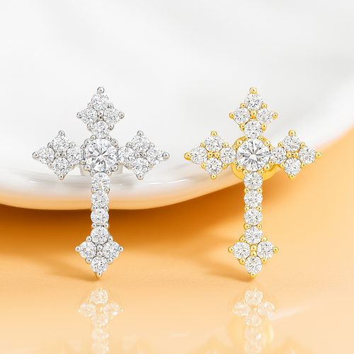 Cross Moissanite Studs – White Gold – Wedding & Party Jewelry
