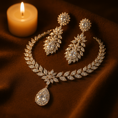 Premium White Gold Diamond-Inspired Jewelry Set – Necklace & Earrings