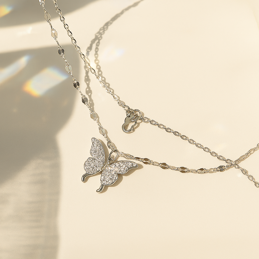Premium White Gold Double Butterfly Necklace – Elegant & Graceful