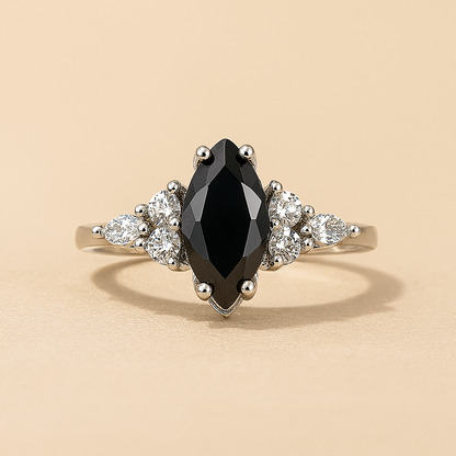 Elegant Black Agate Ring – Premium White Gold Finish, Classic Sparkle