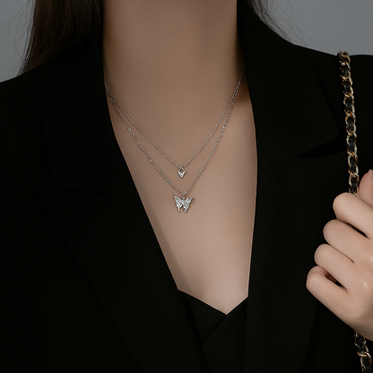 Premium White Gold Double Butterfly Necklace – Elegant & Graceful