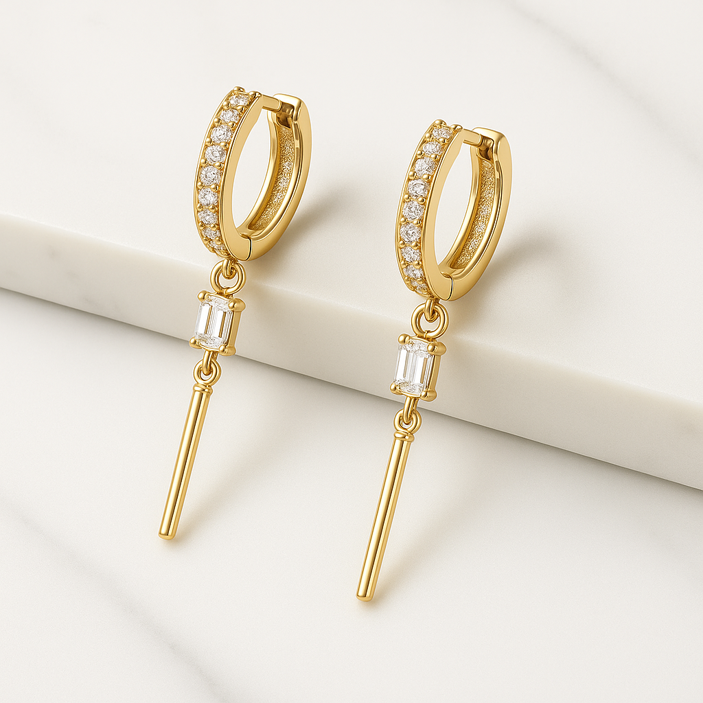 White Gold Hoop Earrings – Full Zircon – Rectangle Drop – Luxury Gift